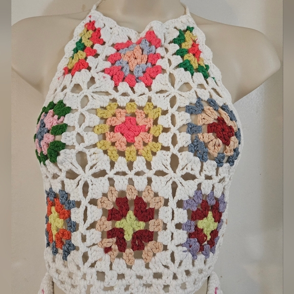 Handmade Crochet Halter Top Granny Square Floral Multicored Boho Bikini Top - Picture 12 of 17
